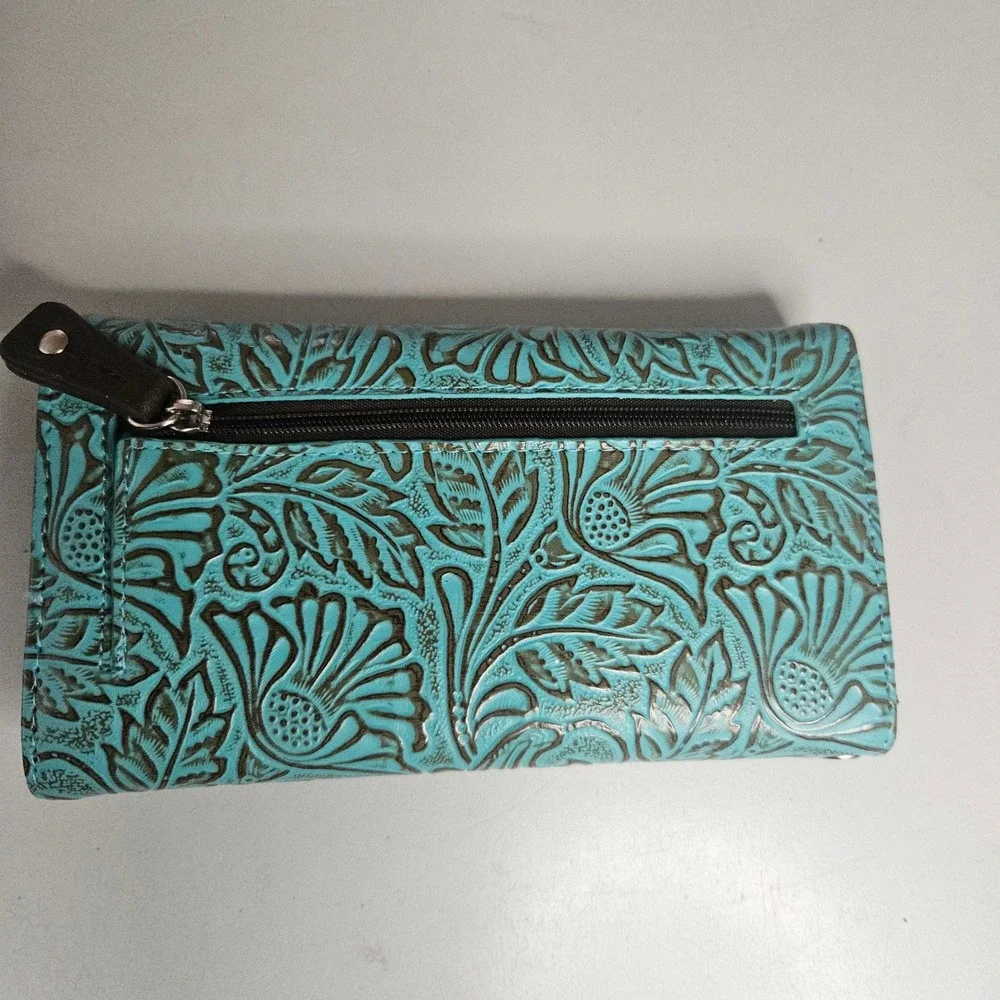 Stone Mountain Bonded Leather Trifold Wallet Turquoise Brown Floral Embossed